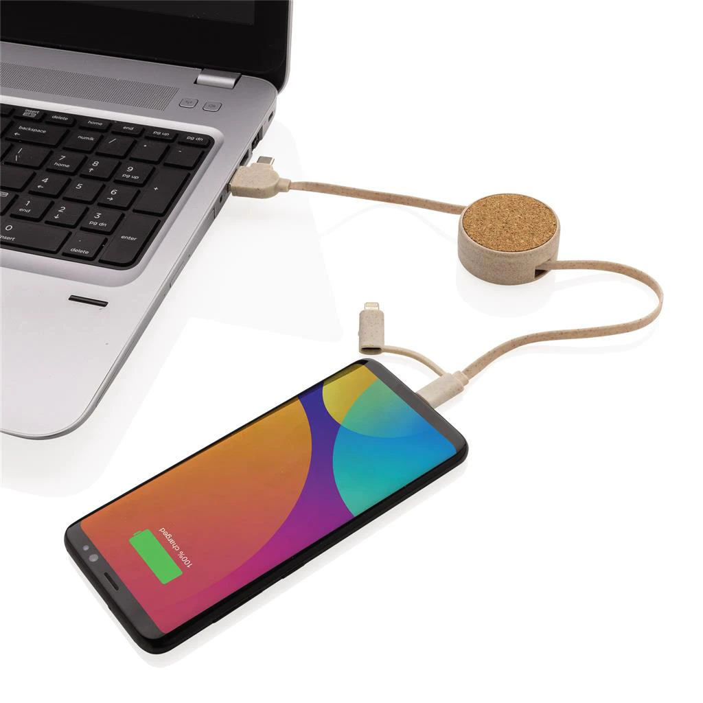 cavo retrattile 4 in 1 in sughero e grano telefono in carica